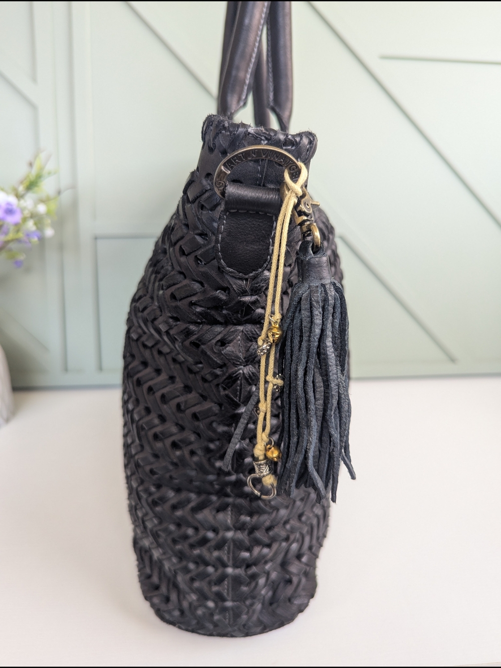 Woven Leather Tote Bag - Black Braided Design - Picture 5 of 16